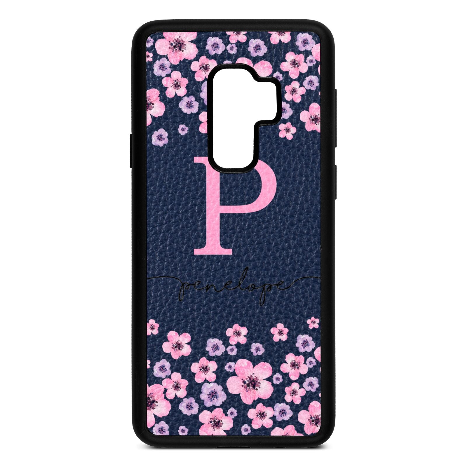 Personalised Pink Floral Navy Blue Pebble Leather Samsung S9 Plus Case