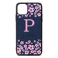 Personalised Pink Floral Navy Blue Pebble Leather iPhone 11 Pro Max Case