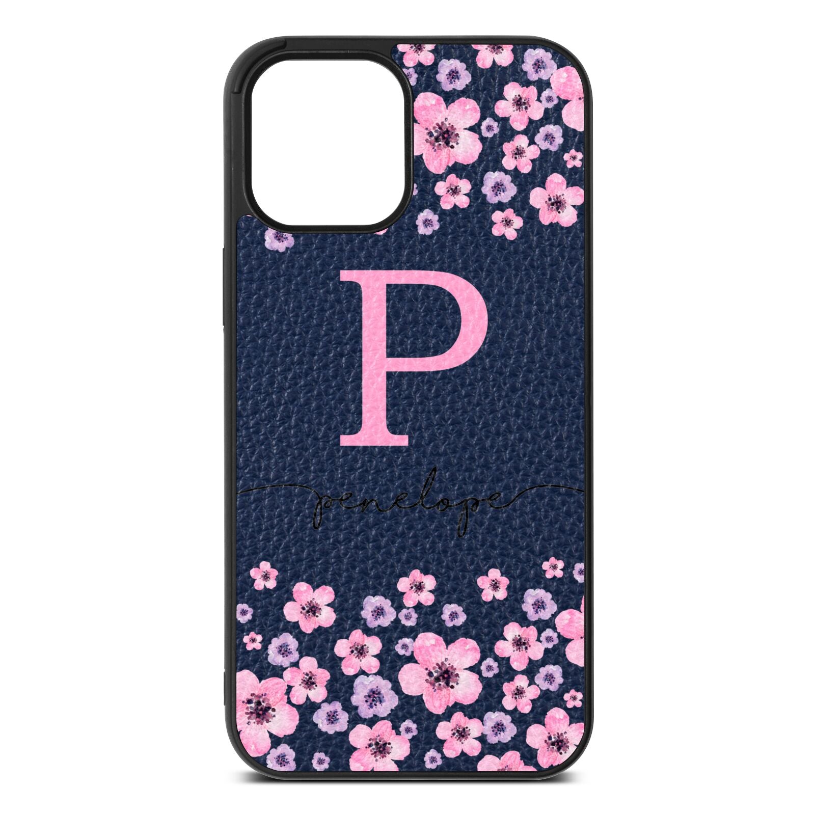 Personalised Pink Floral Navy Blue Pebble Leather iPhone 12 Pro Max Case