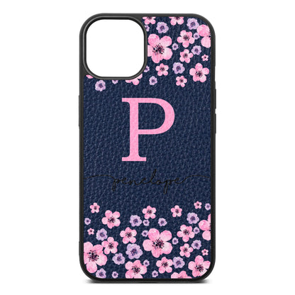 Personalised Pink Floral Navy Blue Pebble Leather iPhone 13 Case