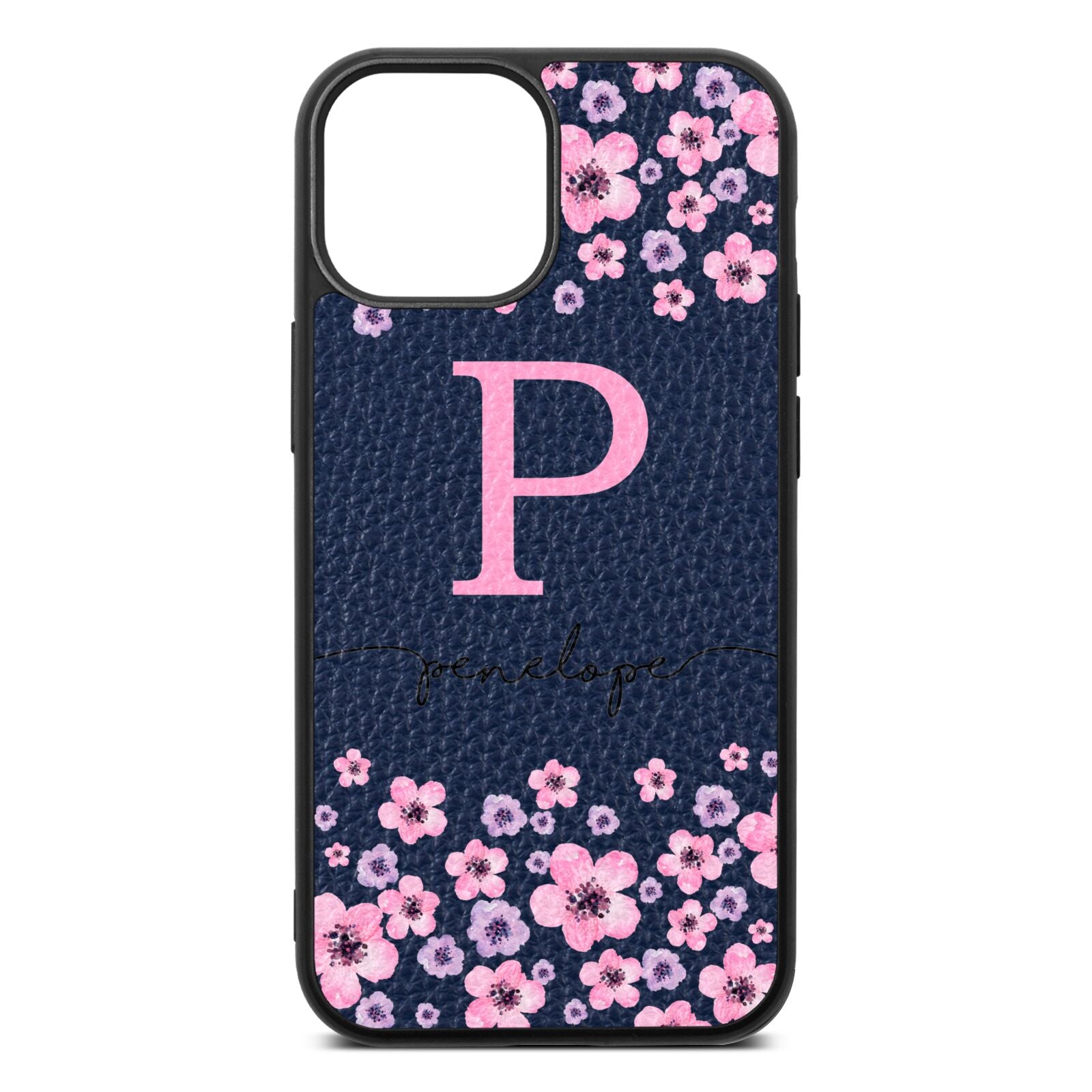 Personalised Pink Floral Navy Blue Pebble Leather iPhone 13 Mini Case