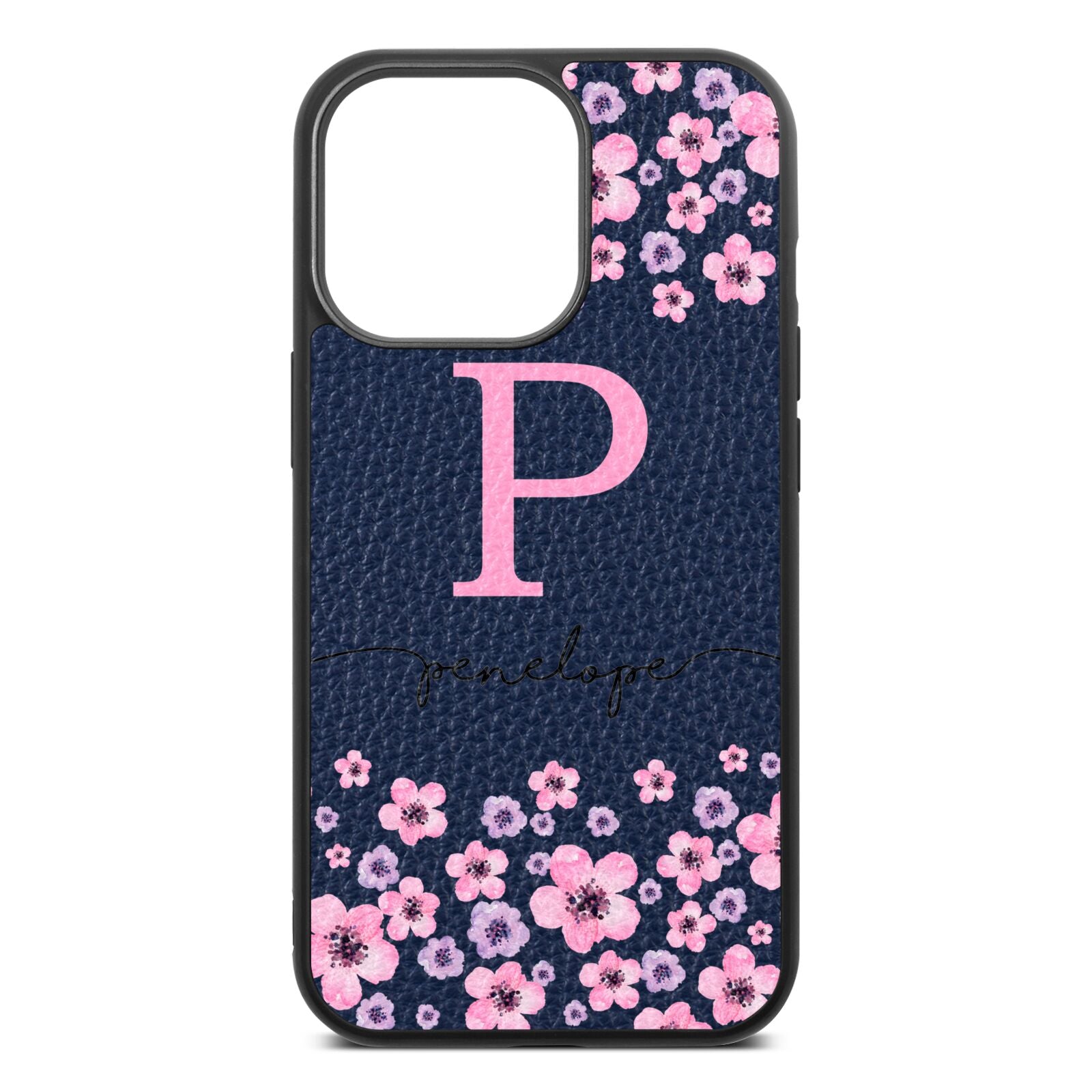 Personalised Pink Floral Navy Blue Pebble Leather iPhone 13 Pro Case