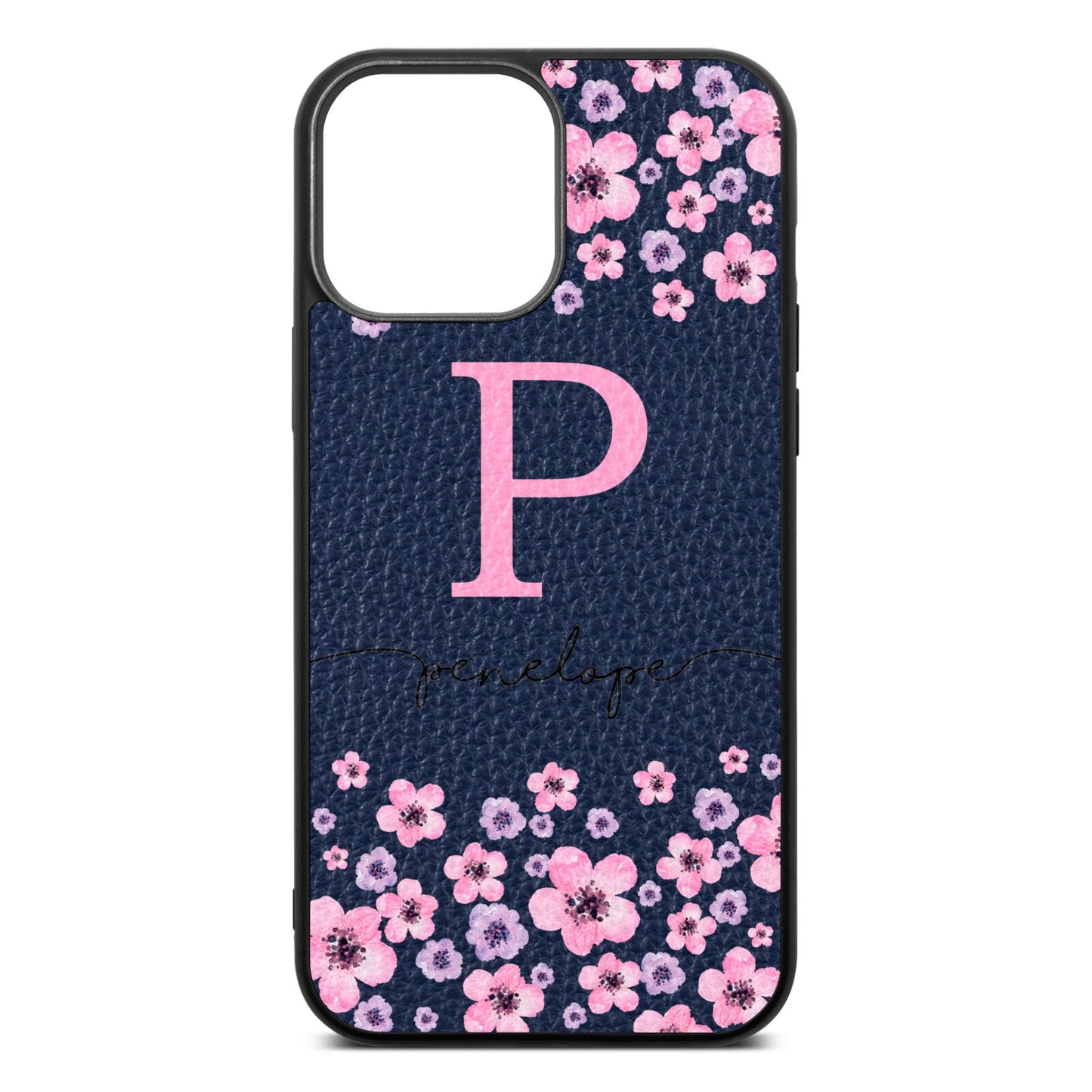 Personalised Pink Floral Navy Blue Pebble Leather iPhone 13 Pro Max Case