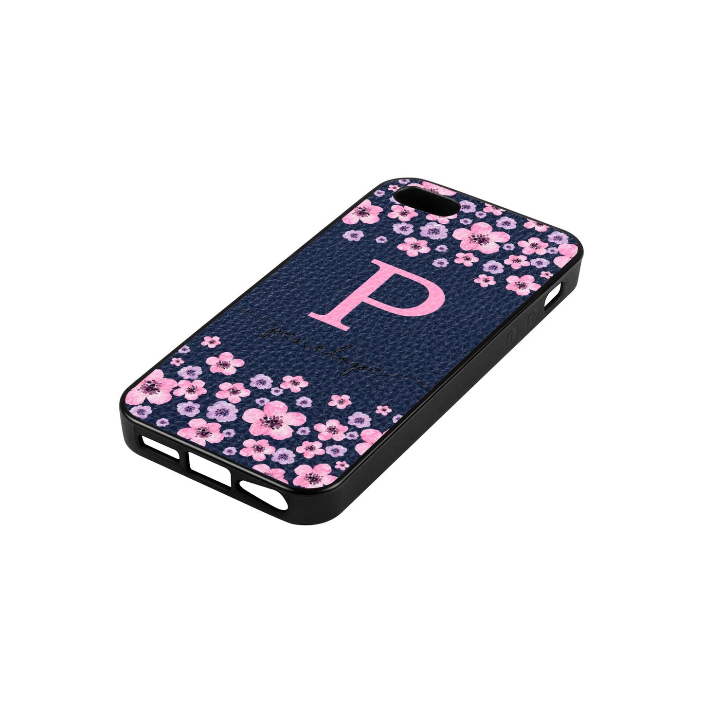 Personalised Pink Floral Navy Blue Pebble Leather iPhone 5 Case Side Angle