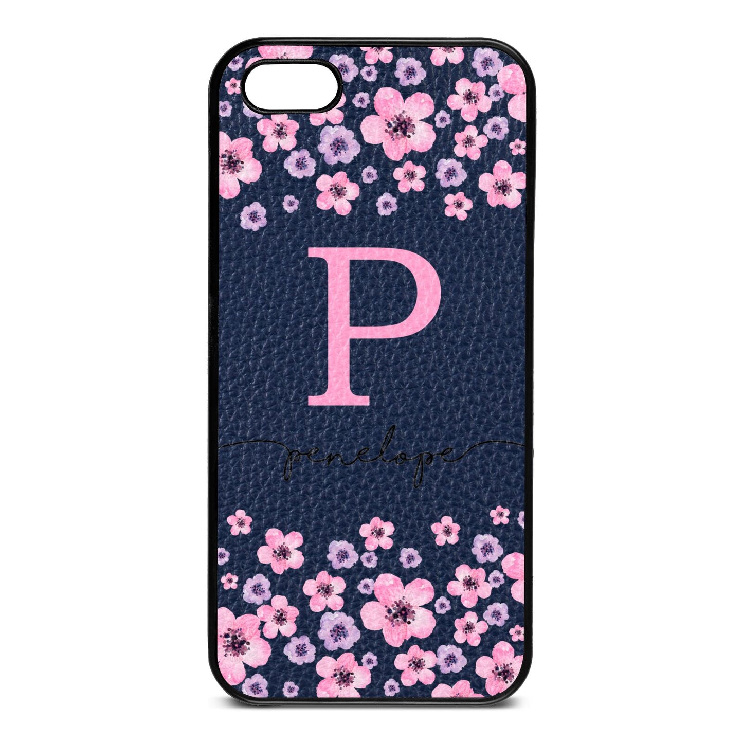 Personalised Pink Floral Navy Blue Pebble Leather iPhone 5 Case