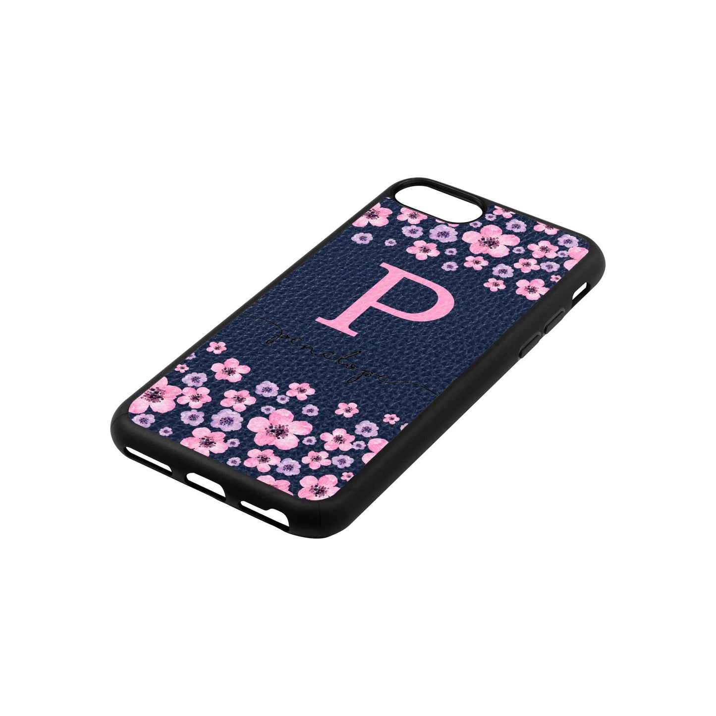 Personalised Pink Floral Navy Blue Pebble Leather iPhone 8 Case Side Angle