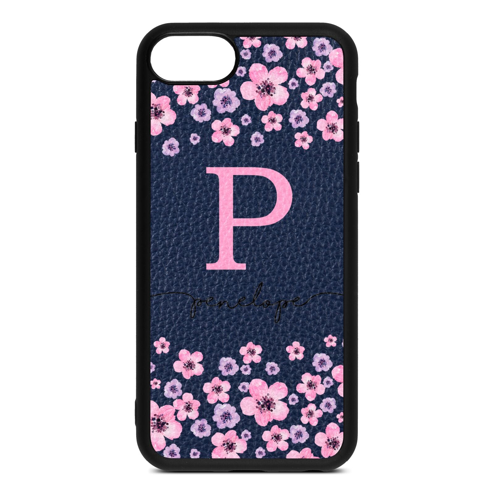 Personalised Pink Floral Navy Blue Pebble Leather iPhone 8 Case
