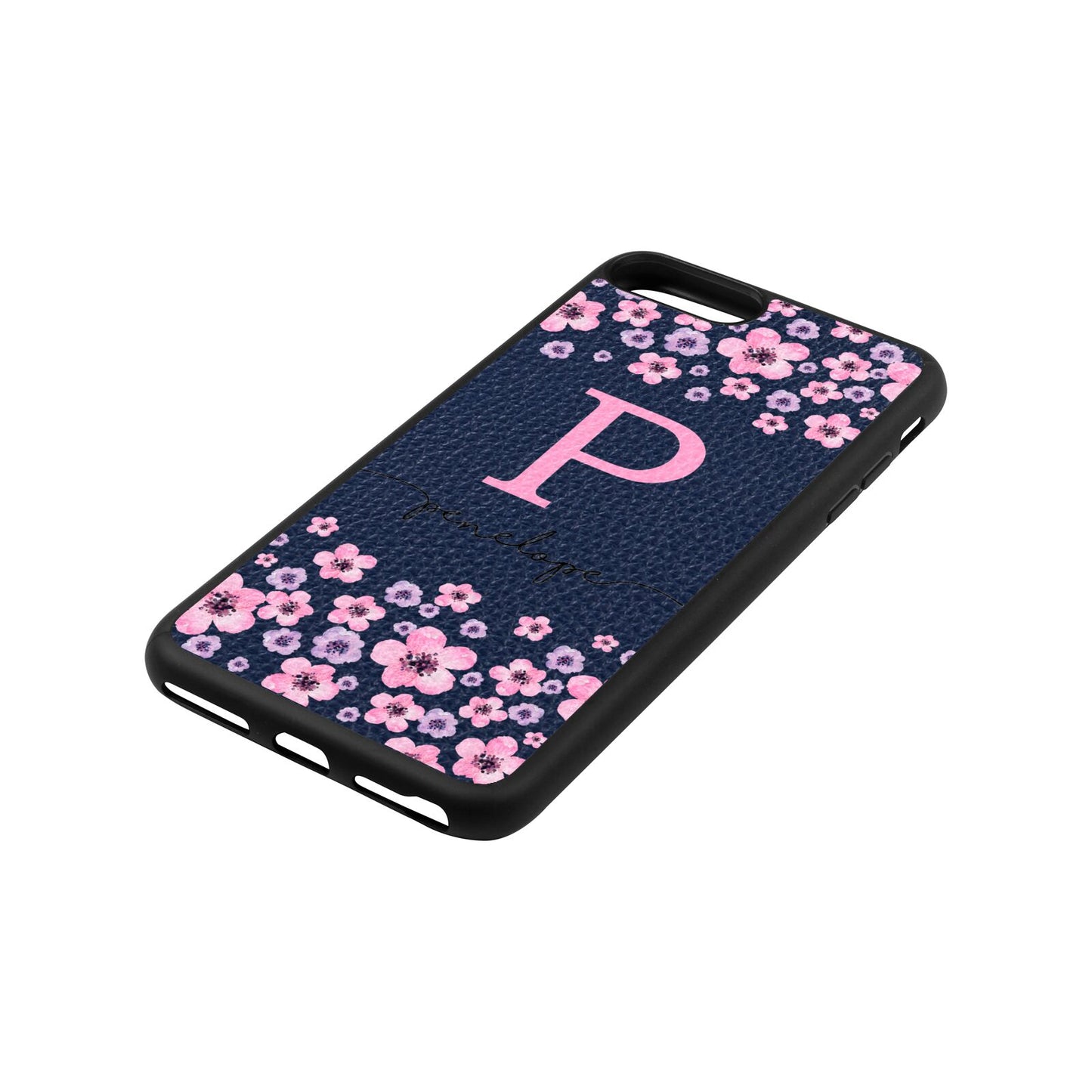 Personalised Pink Floral Navy Blue Pebble Leather iPhone 8 Plus Case Side Angle
