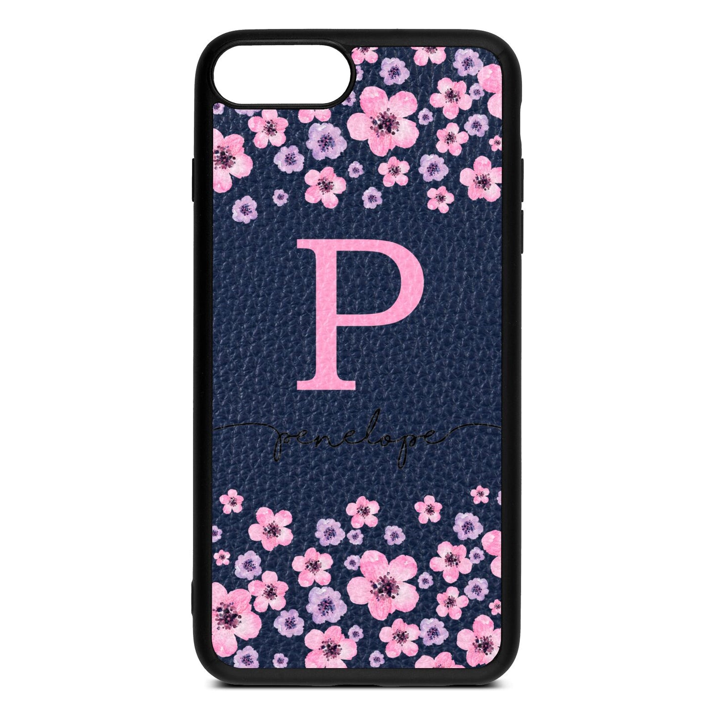 Personalised Pink Floral Navy Blue Pebble Leather iPhone 8 Plus Case