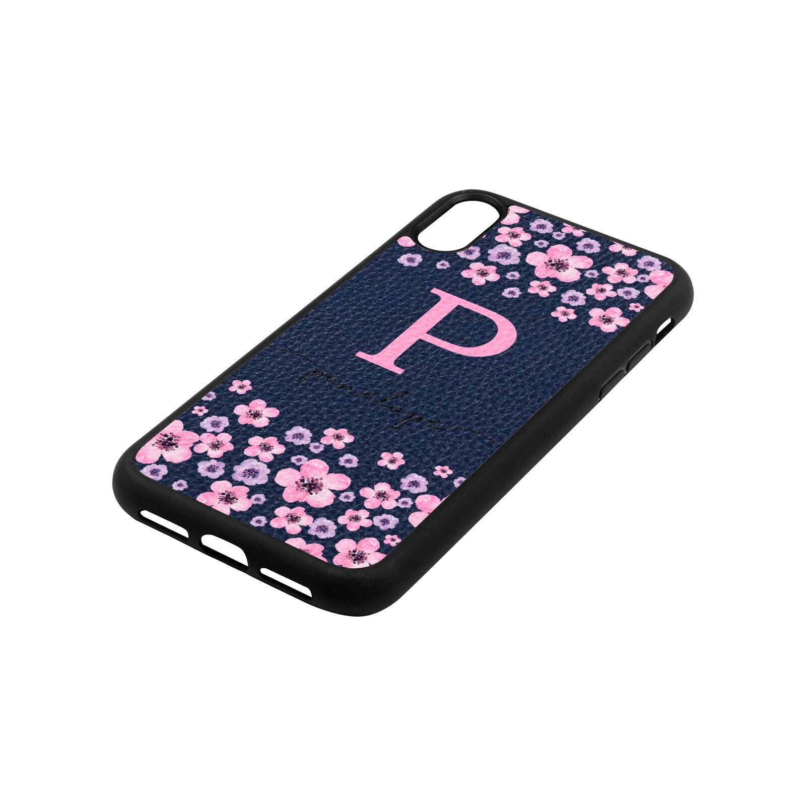 Personalised Pink Floral Navy Blue Pebble Leather iPhone Xr Case Side Angle