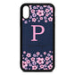 Personalised Pink Floral Navy Blue Pebble Leather iPhone Xr Case