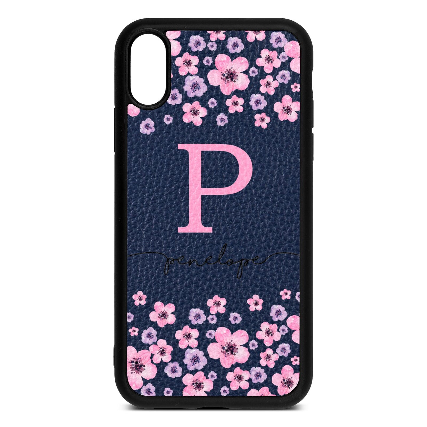 Personalised Pink Floral Navy Blue Pebble Leather iPhone Xr Case