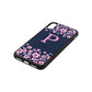 Personalised Pink Floral Navy Blue Pebble Leather iPhone Xs Case Side Image