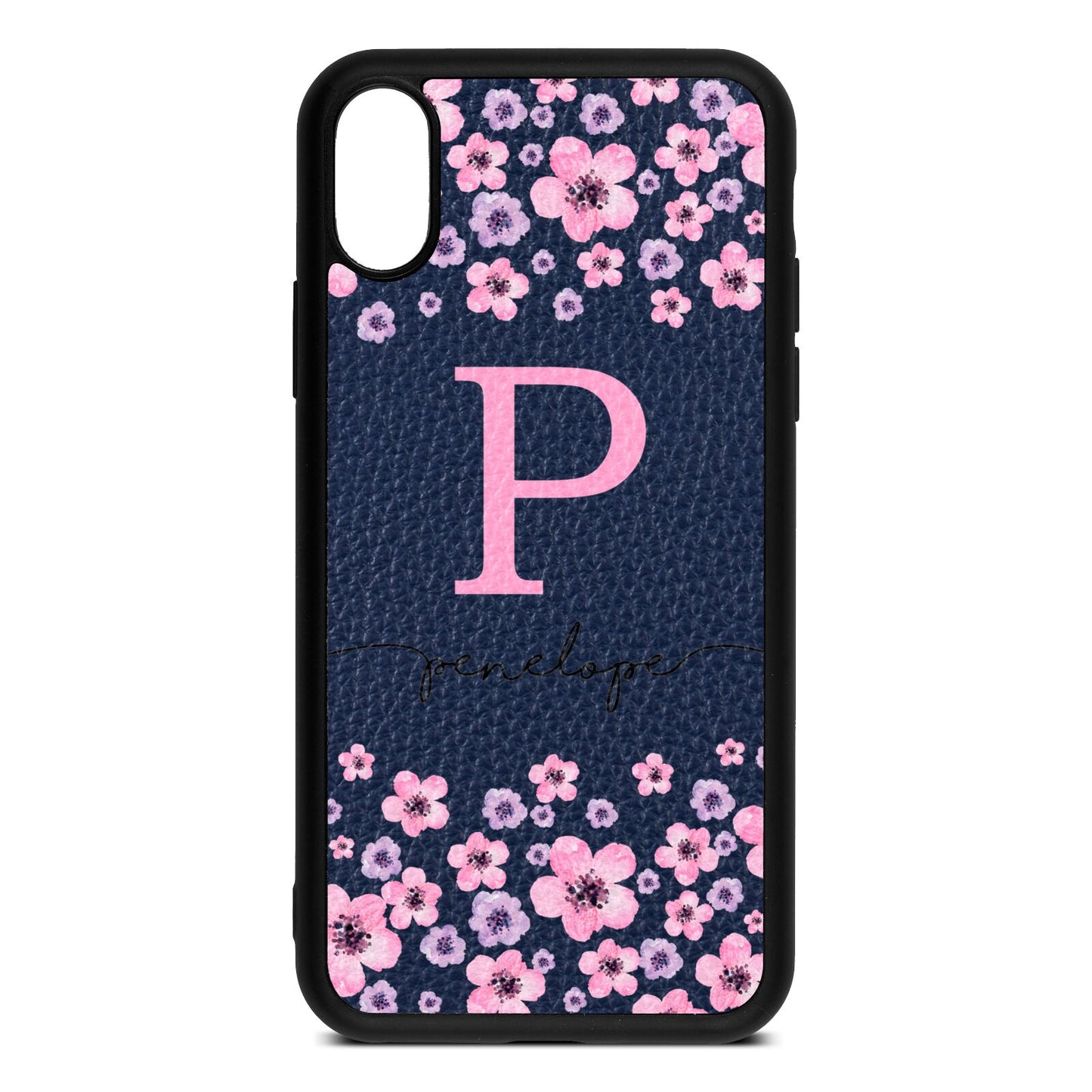 Personalised Pink Floral Navy Blue Pebble Leather iPhone Xs Case