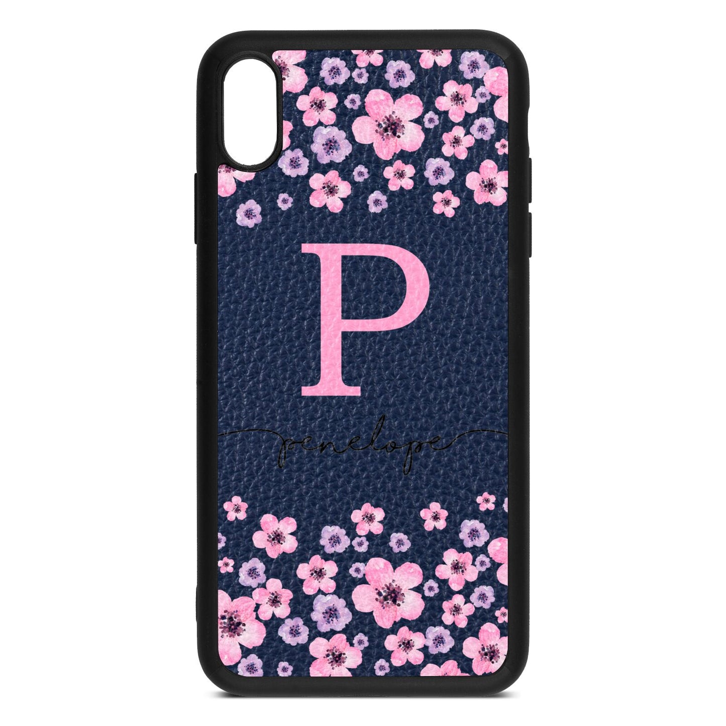 Personalised Pink Floral Navy Blue Pebble Leather iPhone Xs Max Case