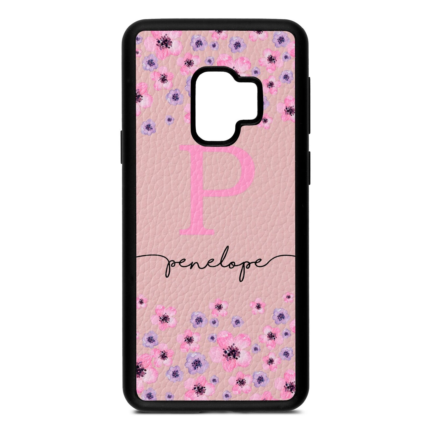 Personalised Pink Floral Pink Pebble Leather Samsung S9 Case