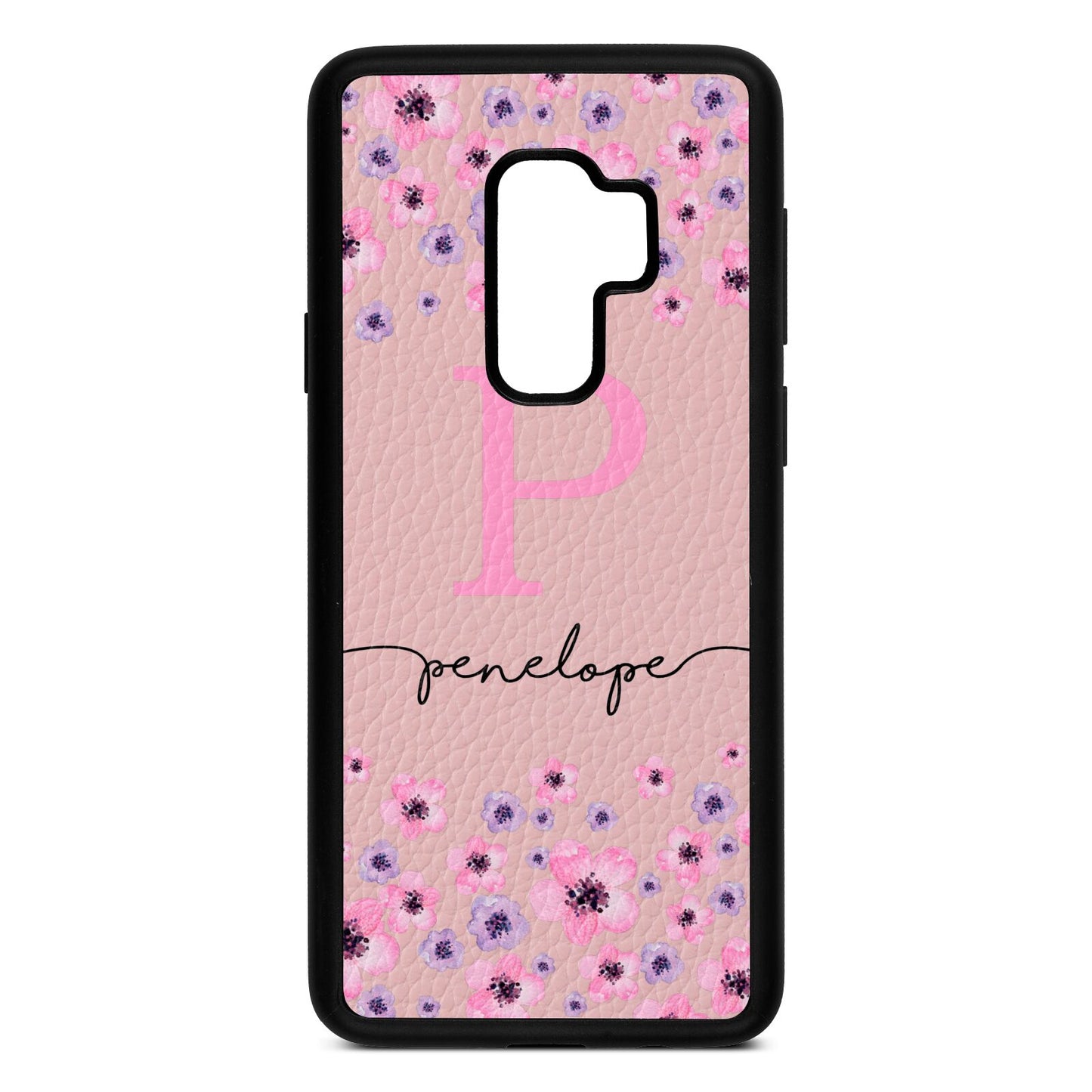 Personalised Pink Floral Pink Pebble Leather Samsung S9 Plus Case
