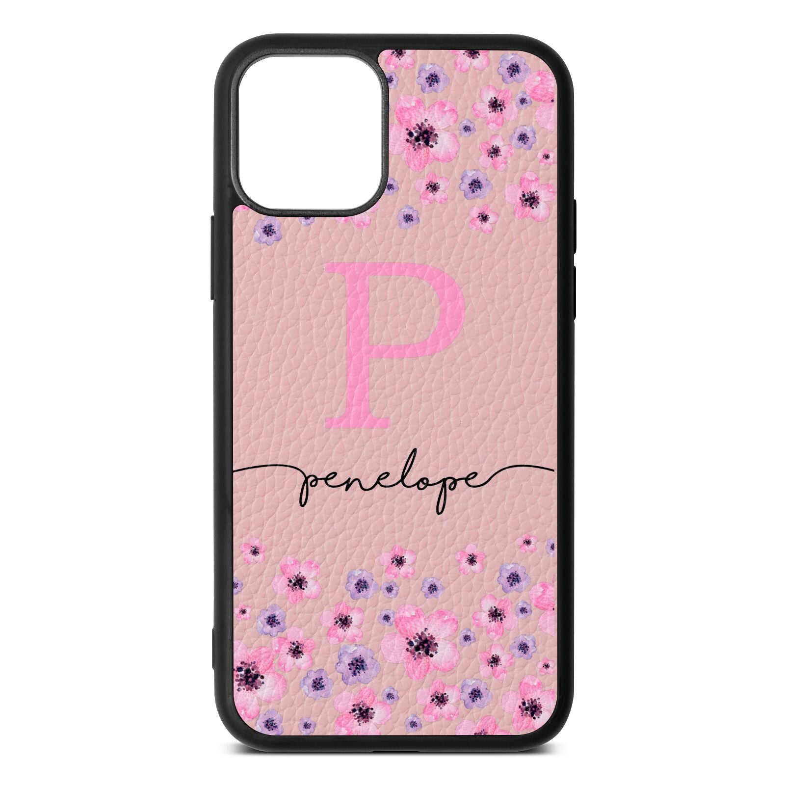 Personalised Pink Floral Pink Pebble Leather iPhone 11 Case