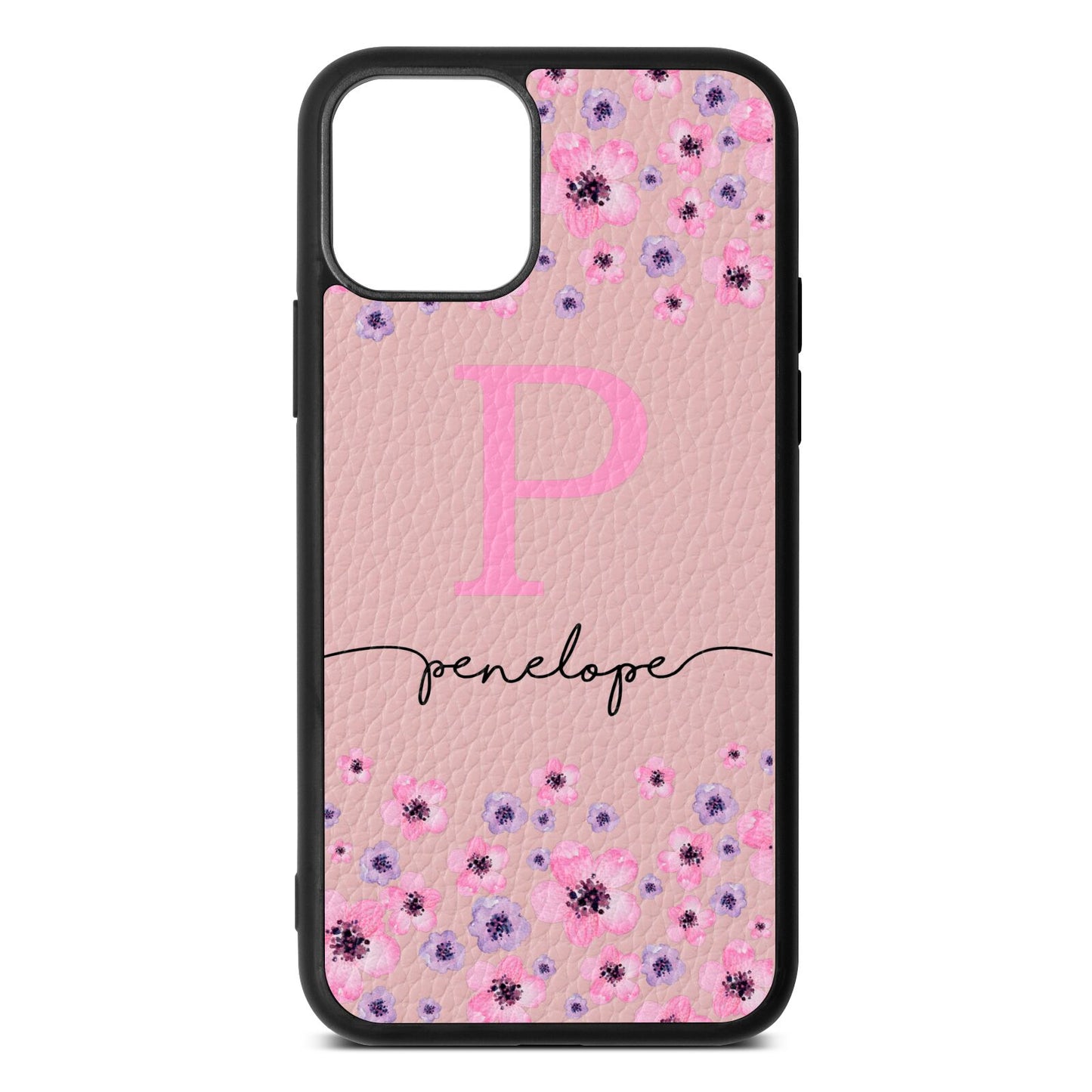 Personalised Pink Floral Pink Pebble Leather iPhone 11 Pro Case