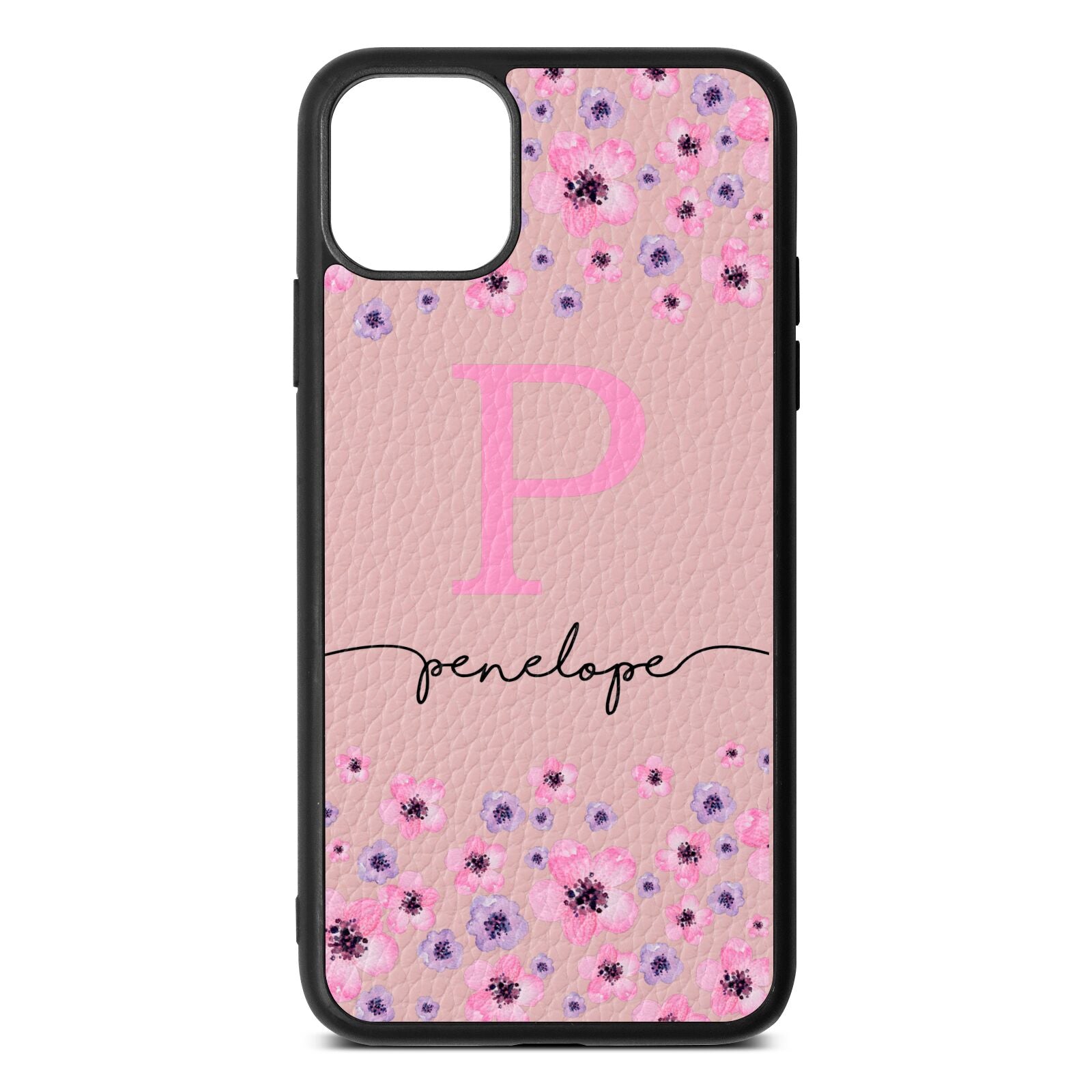 Personalised Pink Floral Pink Pebble Leather iPhone 11 Pro Max Case