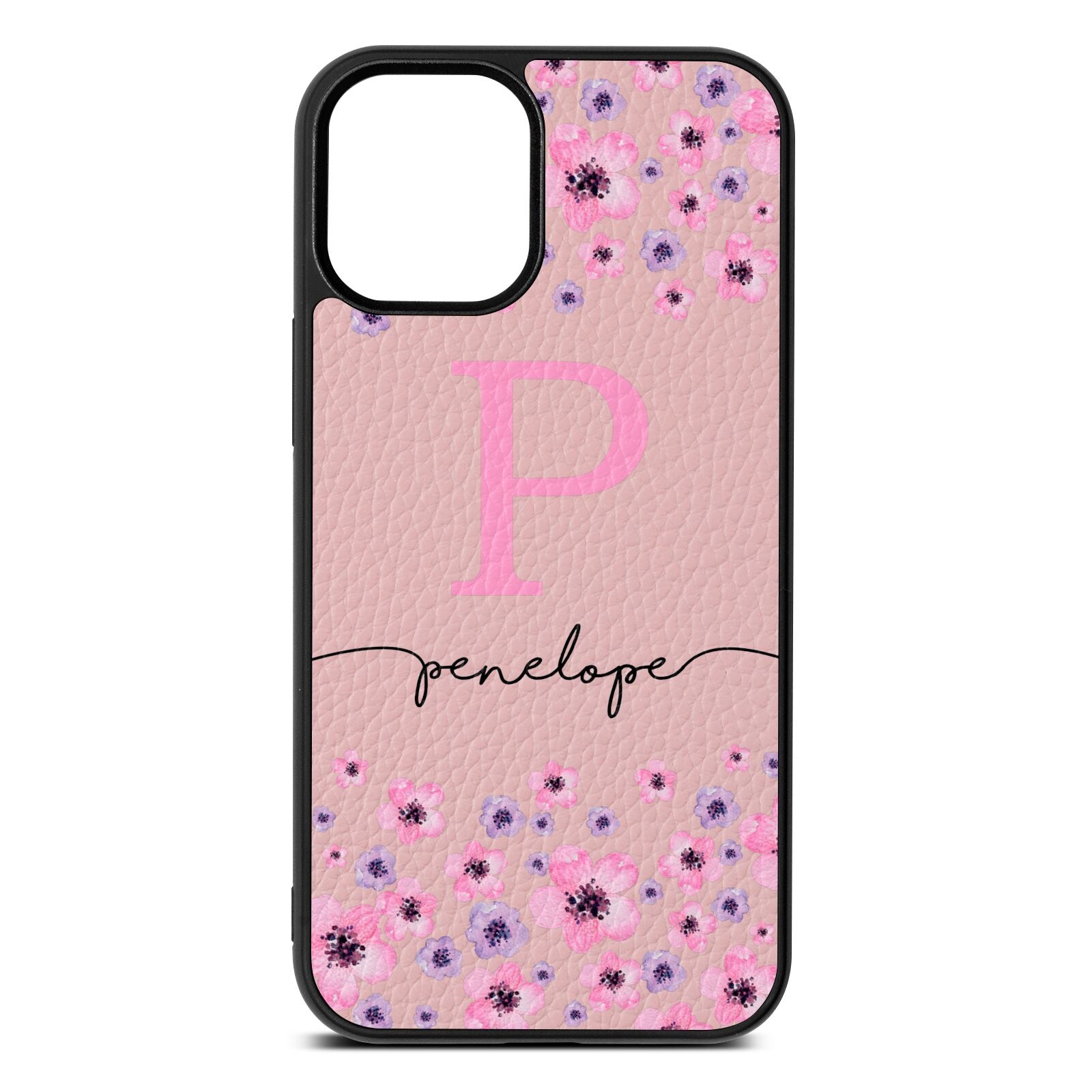 Personalised Pink Floral Pink Pebble Leather iPhone 12 Mini Case