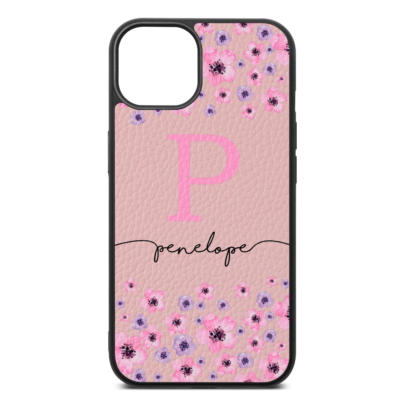 Personalised Pink Floral Pink Pebble Leather iPhone 13 Case