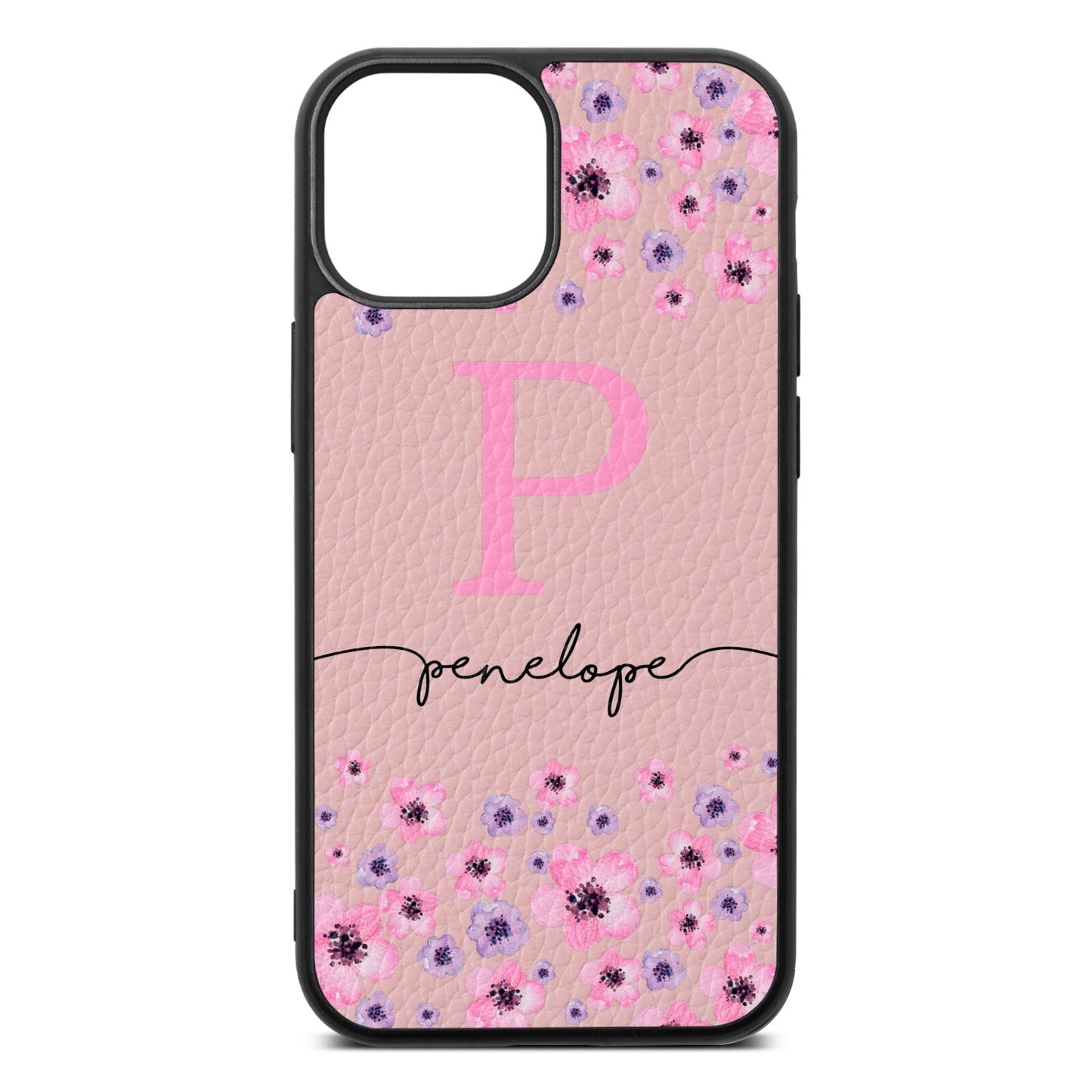 Personalised Pink Floral Pink Pebble Leather iPhone 13 Mini Case