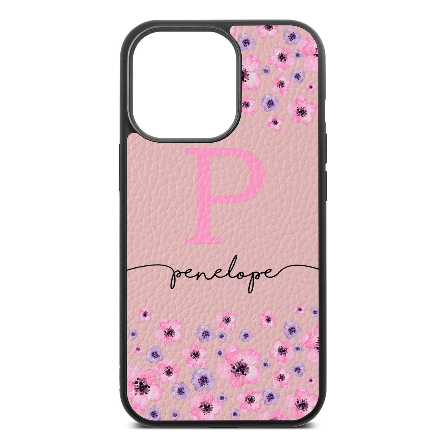 Personalised Pink Floral Pink Pebble Leather iPhone 13 Pro Case