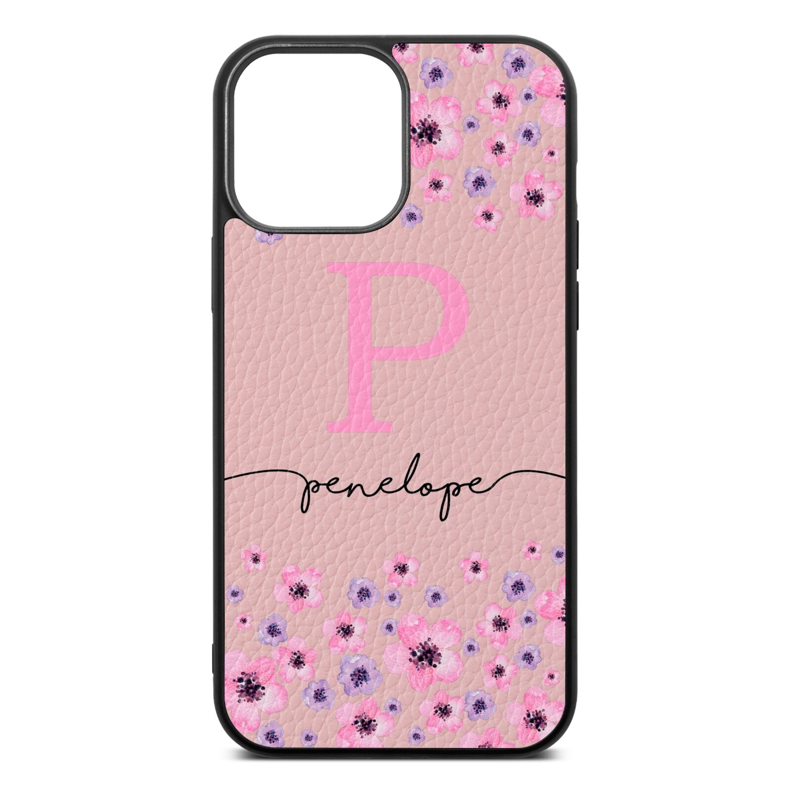 Personalised Pink Floral Pink Pebble Leather iPhone 13 Pro Max Case