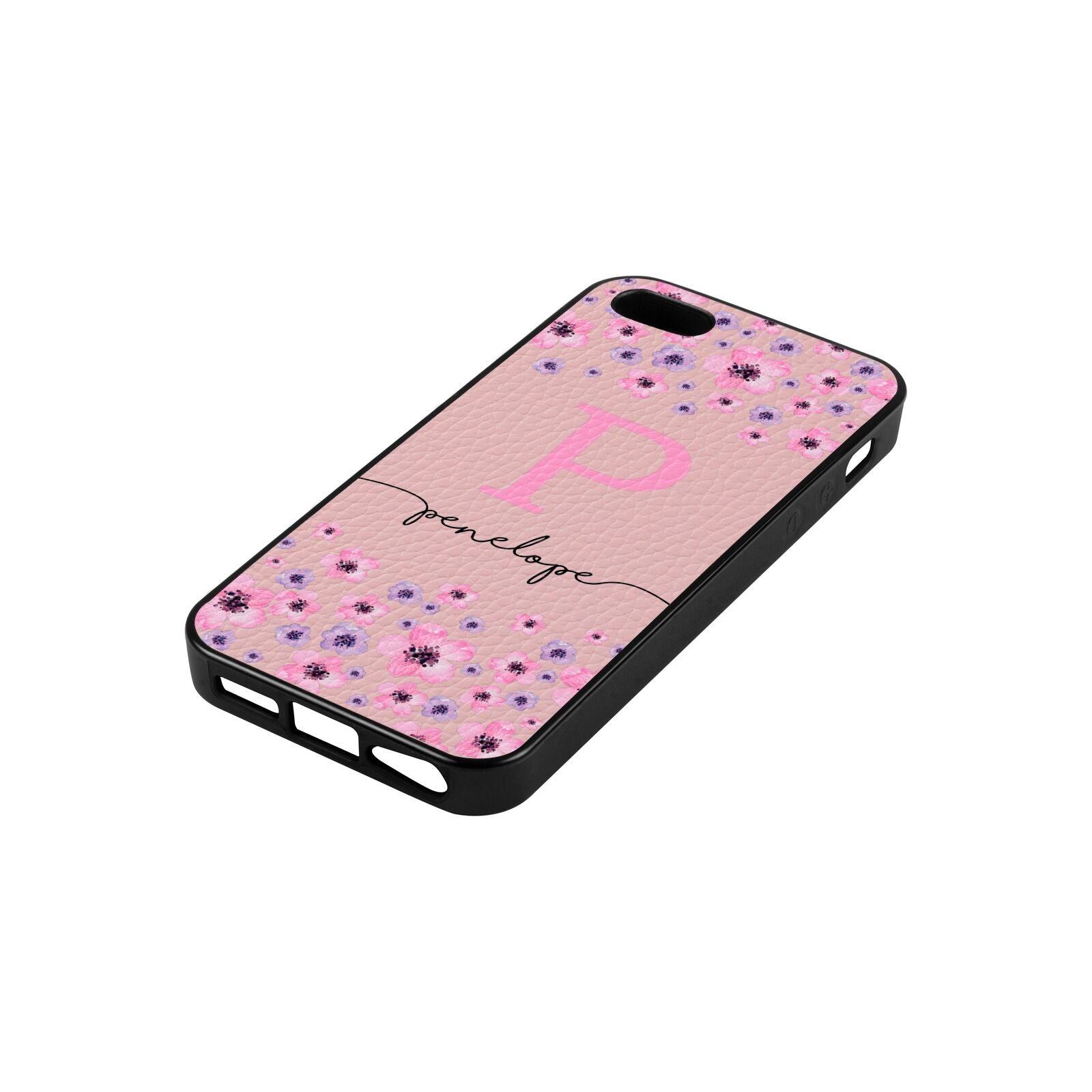 Personalised Pink Floral Pink Pebble Leather iPhone 5 Case Side Angle