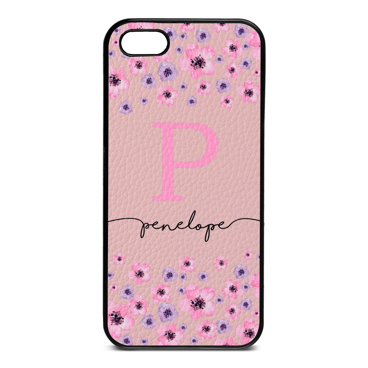 Personalised Pink Floral Pink Pebble Leather iPhone 5 Case