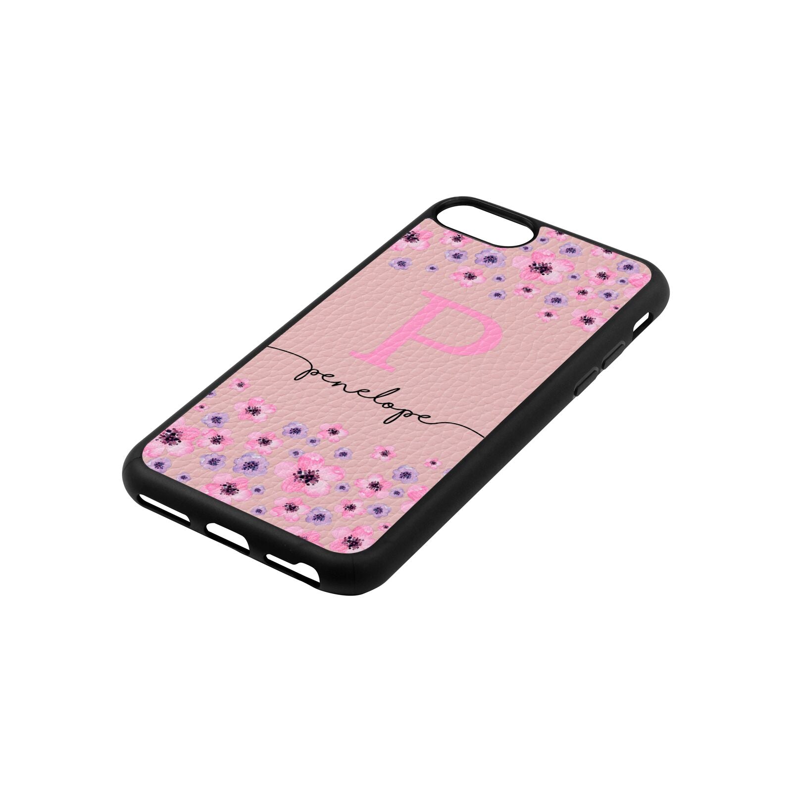 Personalised Pink Floral Pink Pebble Leather iPhone 8 Case Side Angle