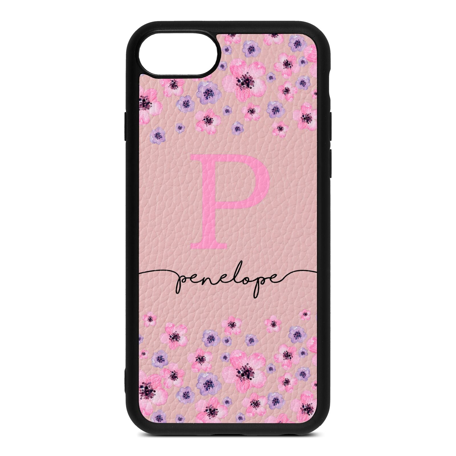 Personalised Pink Floral Pink Pebble Leather iPhone 8 Case