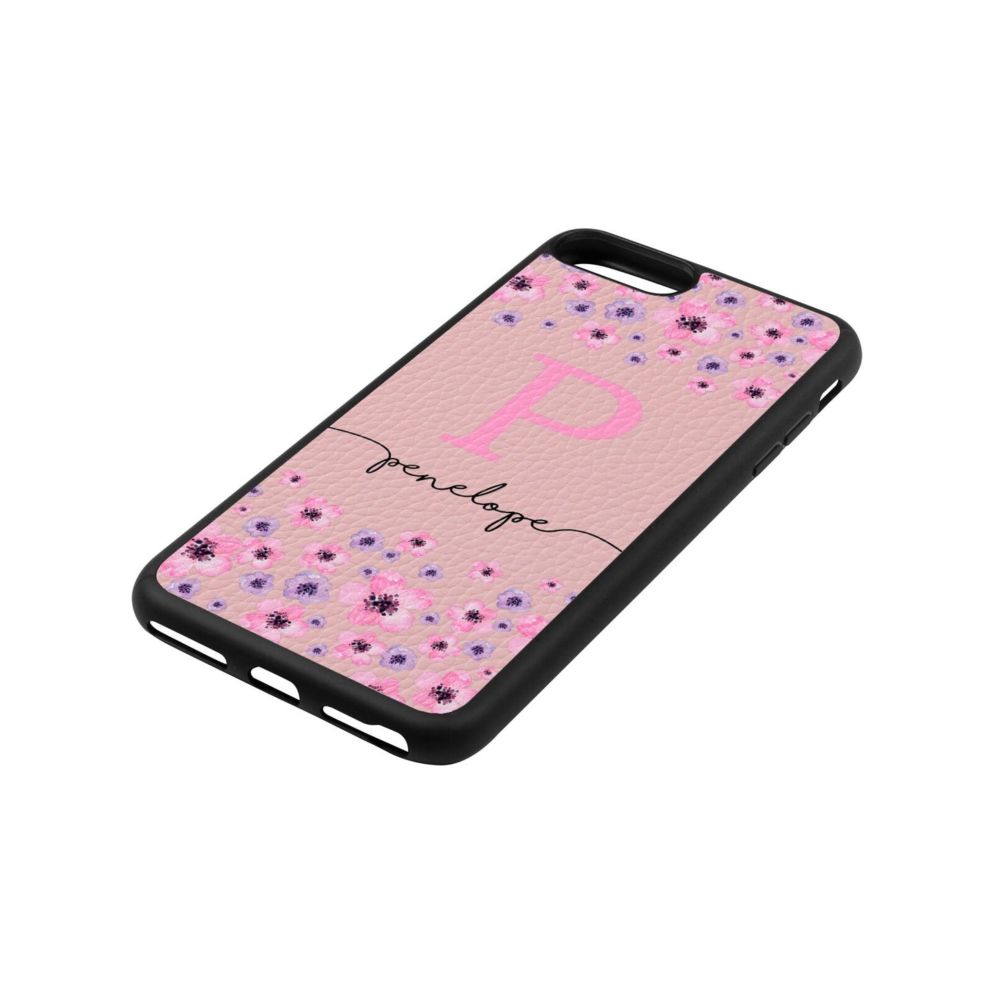 Personalised Pink Floral Pink Pebble Leather iPhone 8 Plus Case Side Angle