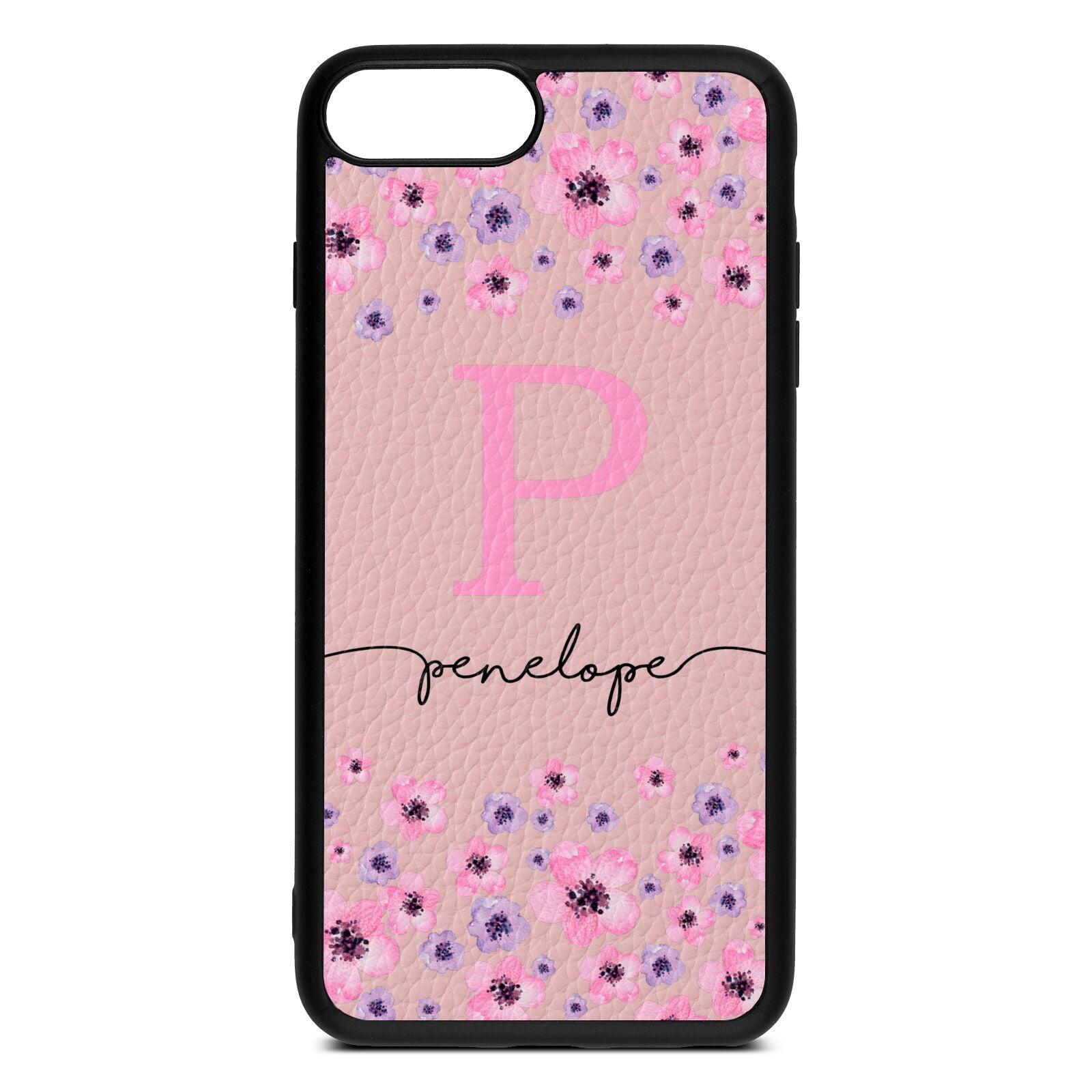Personalised Pink Floral Pink Pebble Leather iPhone 8 Plus Case