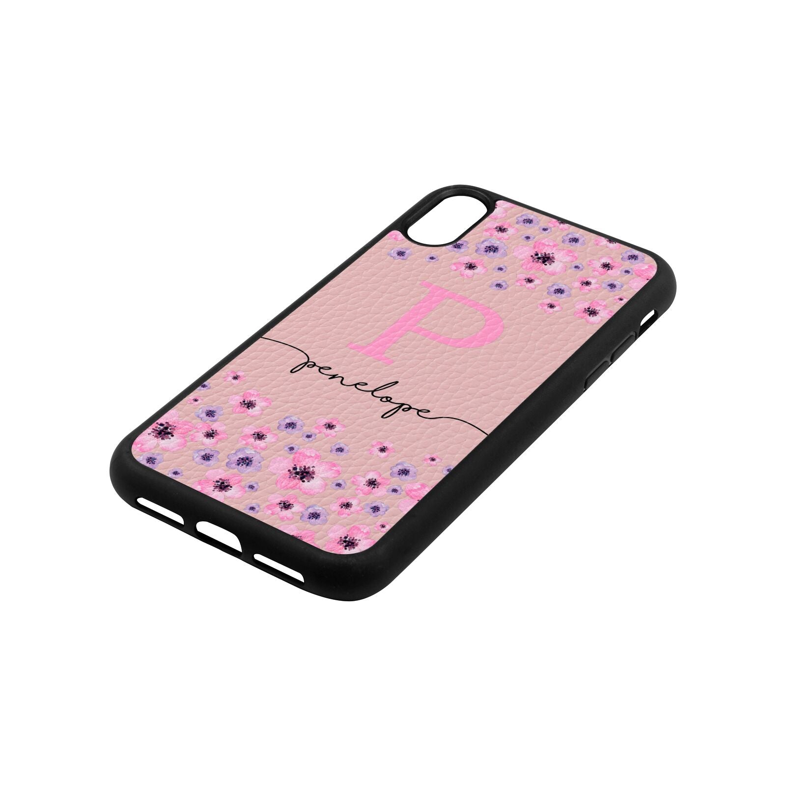 Personalised Pink Floral Pink Pebble Leather iPhone Xr Case Side Angle
