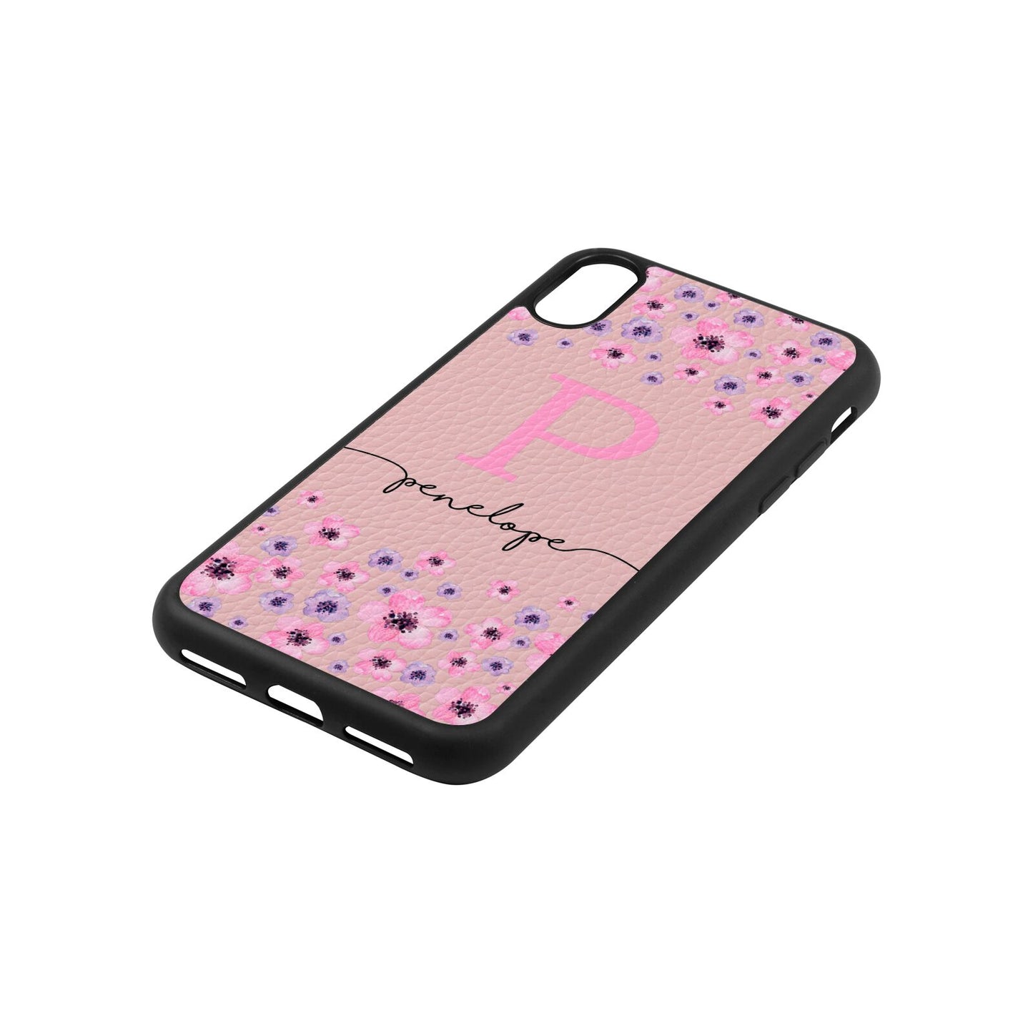 Personalised Pink Floral Pink Pebble Leather iPhone Xs Case Side Angle