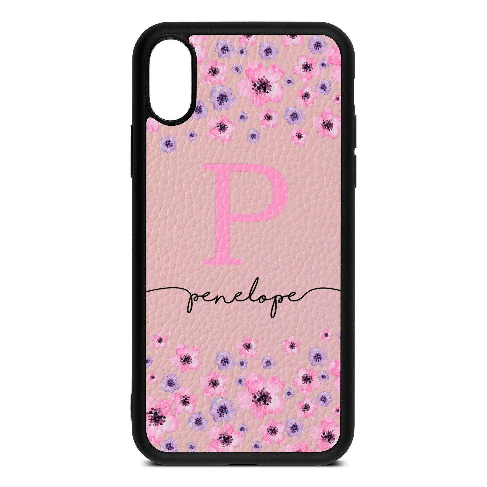 Personalised Pink Floral Pink Pebble Leather iPhone Xs Case