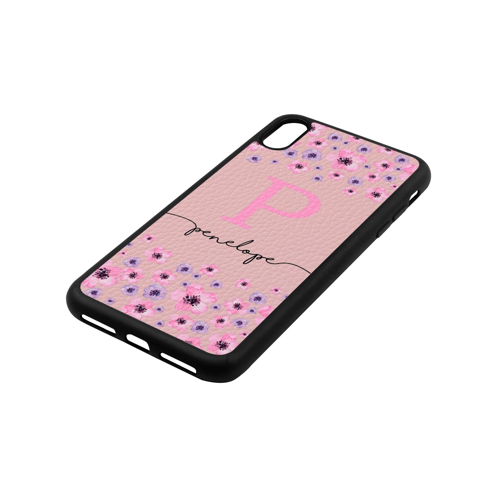 Personalised Pink Floral Pink Pebble Leather iPhone Xs Max Case Side Angle
