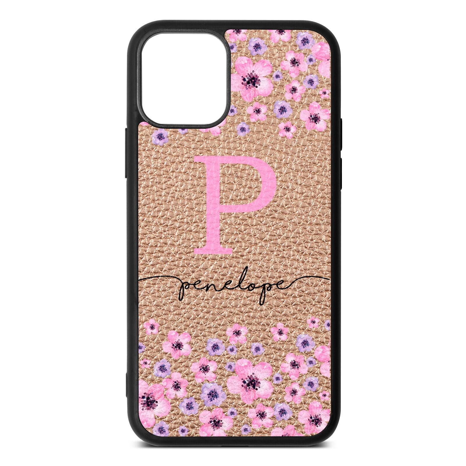 Personalised Pink Floral Rose Gold Pebble Leather iPhone 11 Pro Case
