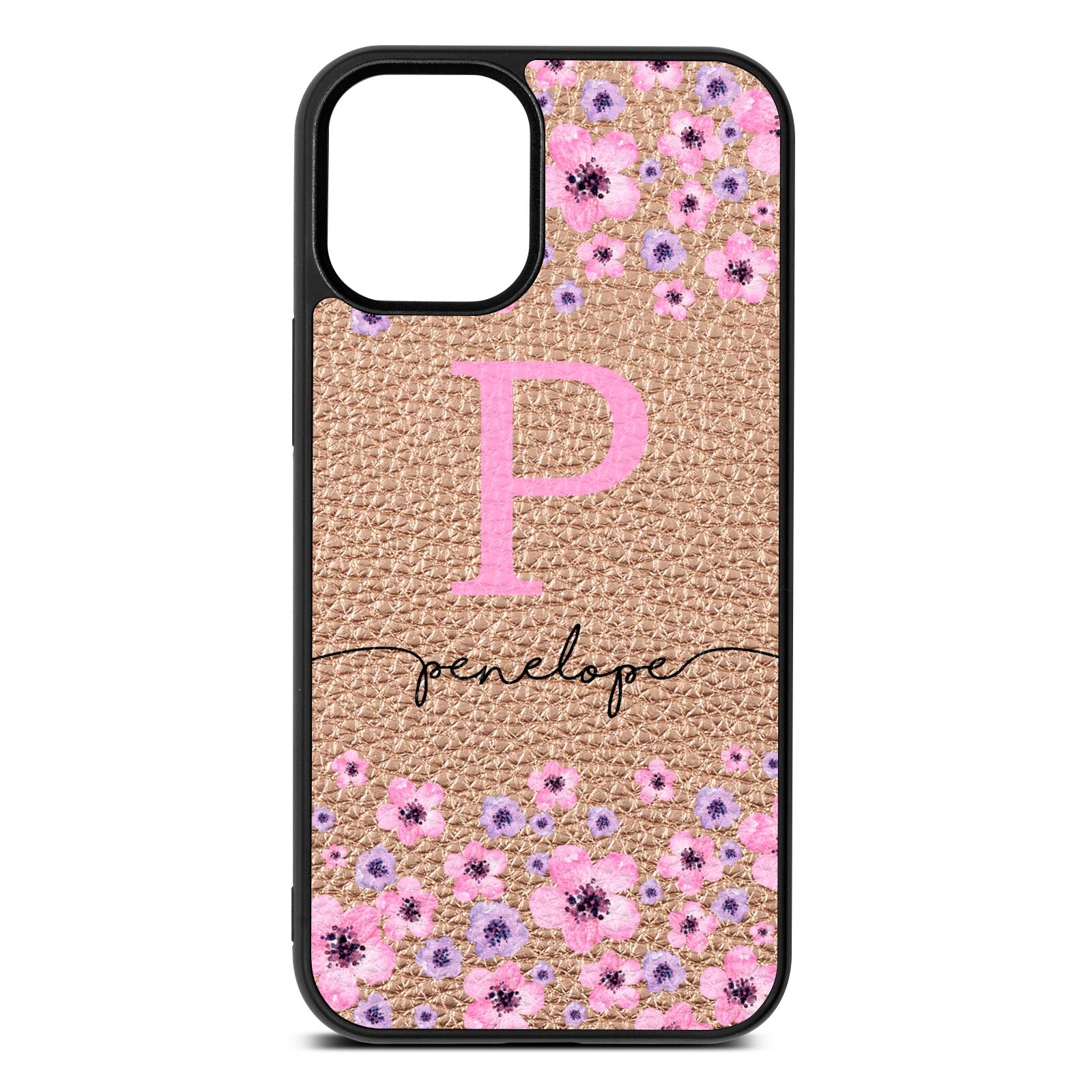 Personalised Pink Floral Rose Gold Pebble Leather iPhone 12 Mini Case