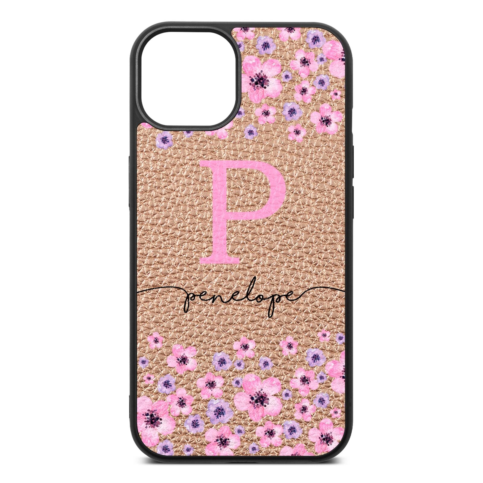 Personalised Pink Floral Rose Gold Pebble Leather iPhone 13 Case