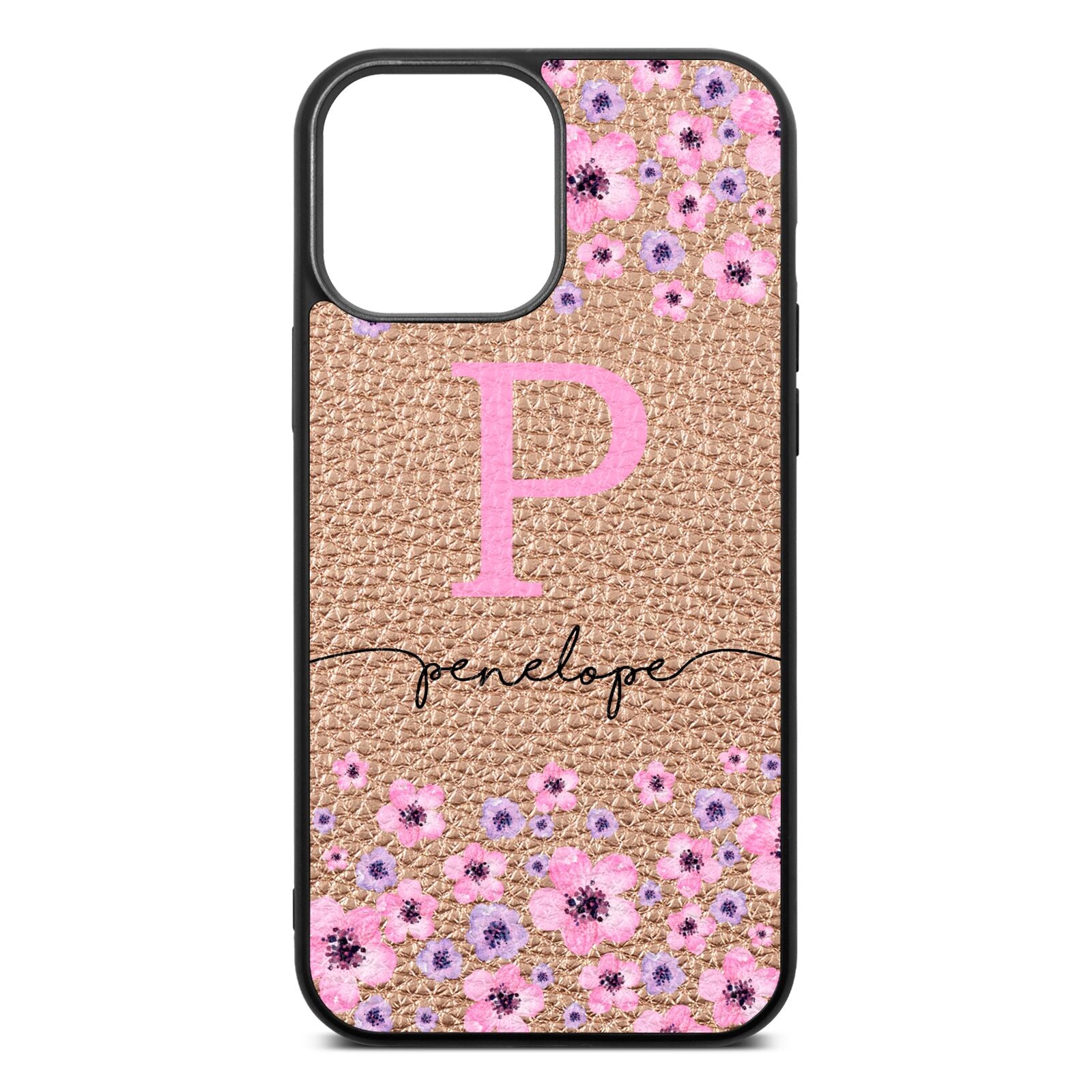 Personalised Pink Floral Rose Gold Pebble Leather iPhone 13 Pro Max Case
