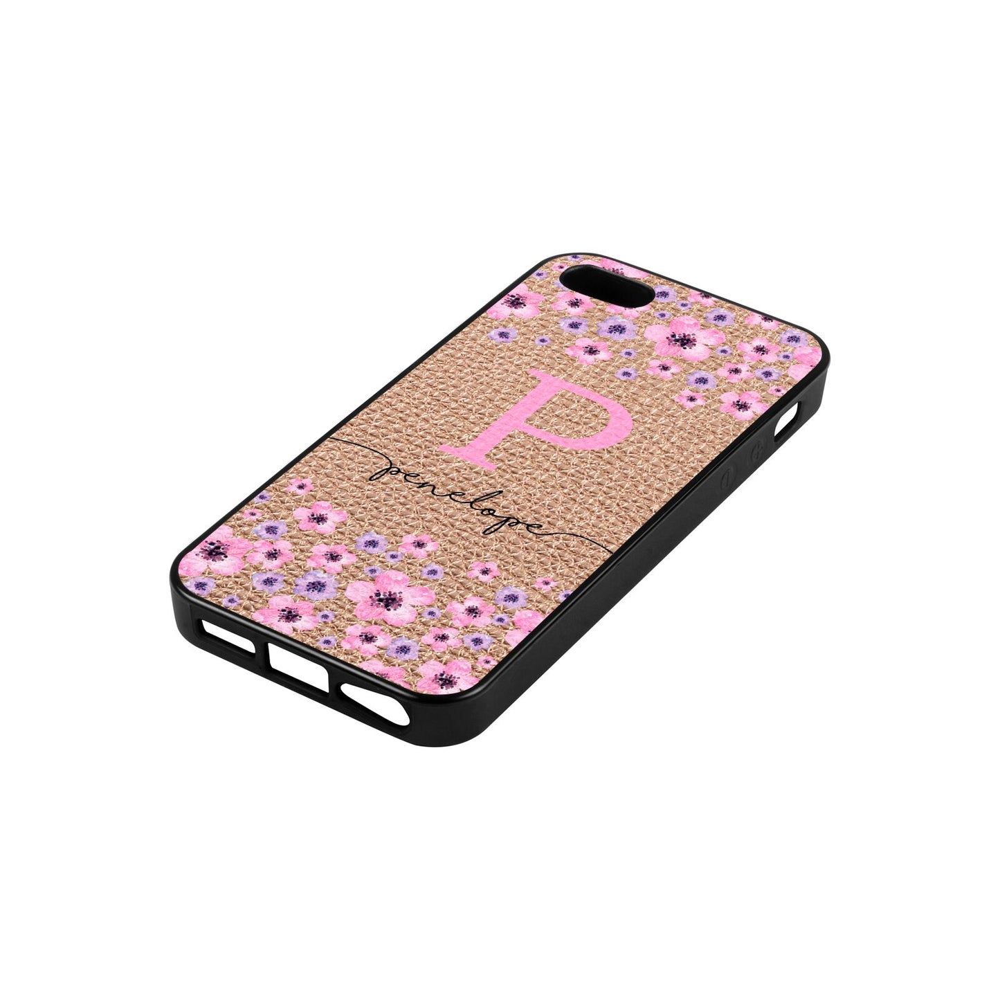 Personalised Pink Floral Rose Gold Pebble Leather iPhone 5 Case Side Angle