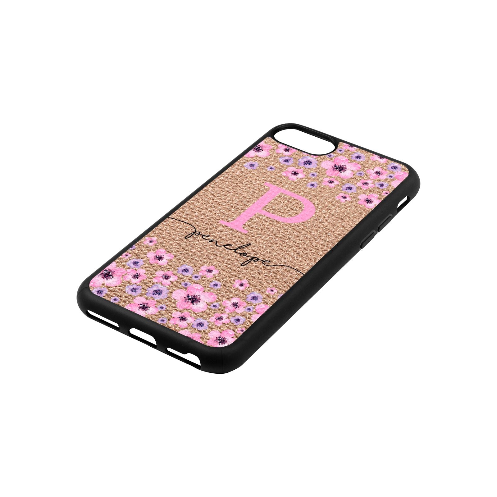 Personalised Pink Floral Rose Gold Pebble Leather iPhone 8 Case Side Angle