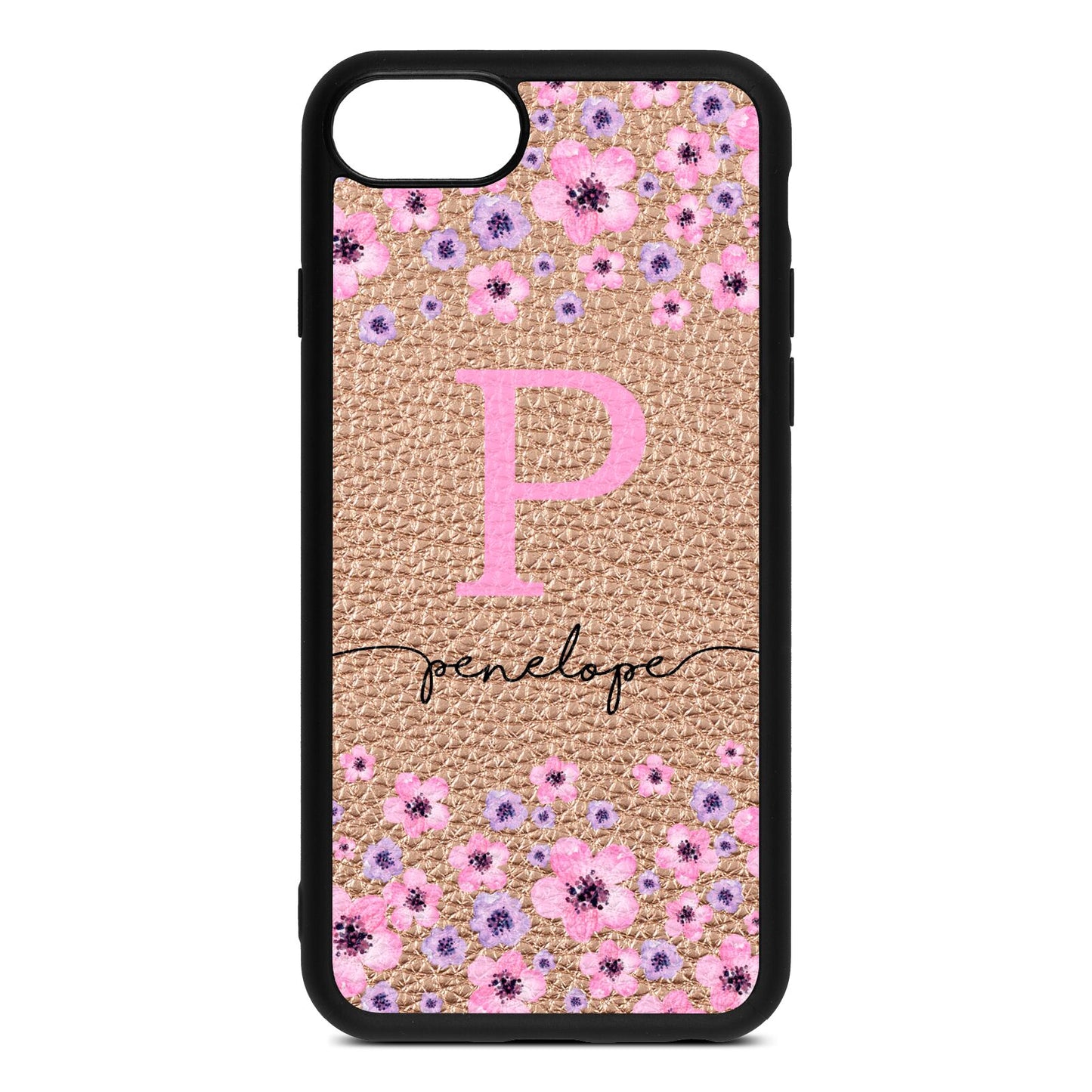 Personalised Pink Floral Rose Gold Pebble Leather iPhone 8 Case