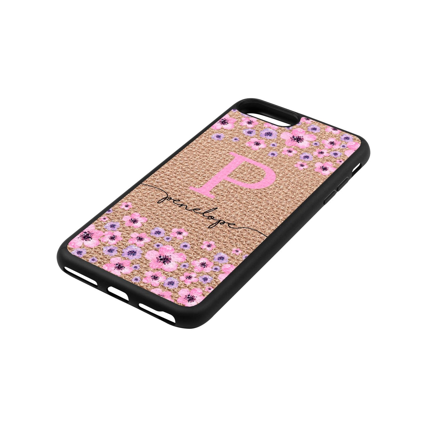 Personalised Pink Floral Rose Gold Pebble Leather iPhone 8 Plus Case Side Angle