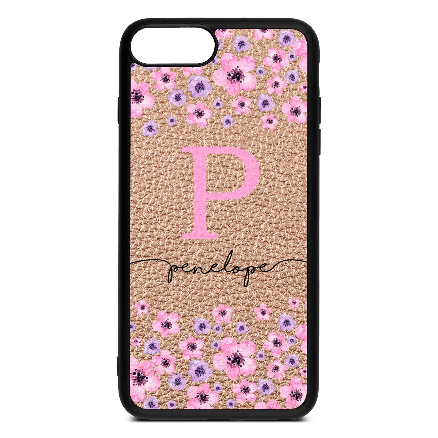 Personalised Pink Floral Rose Gold Pebble Leather iPhone 8 Plus Case