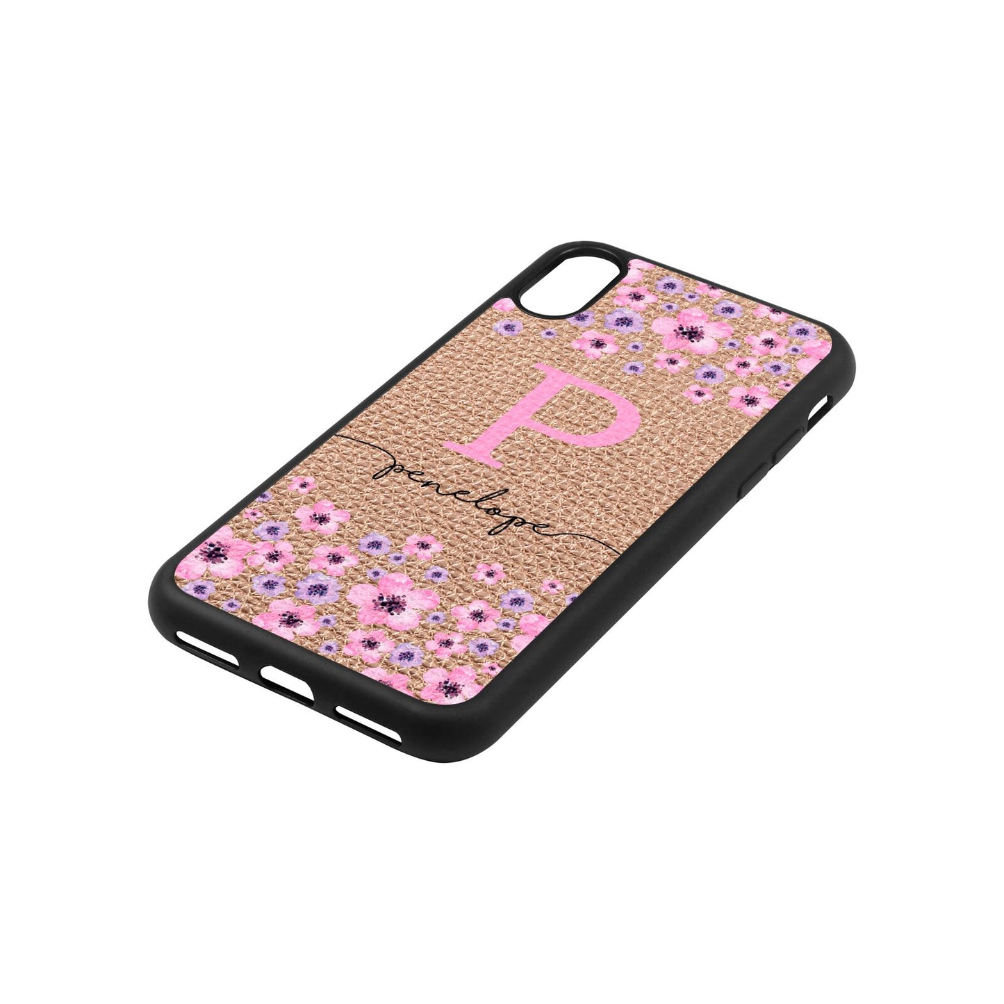 Personalised Pink Floral Rose Gold Pebble Leather iPhone Xs Case Side Angle