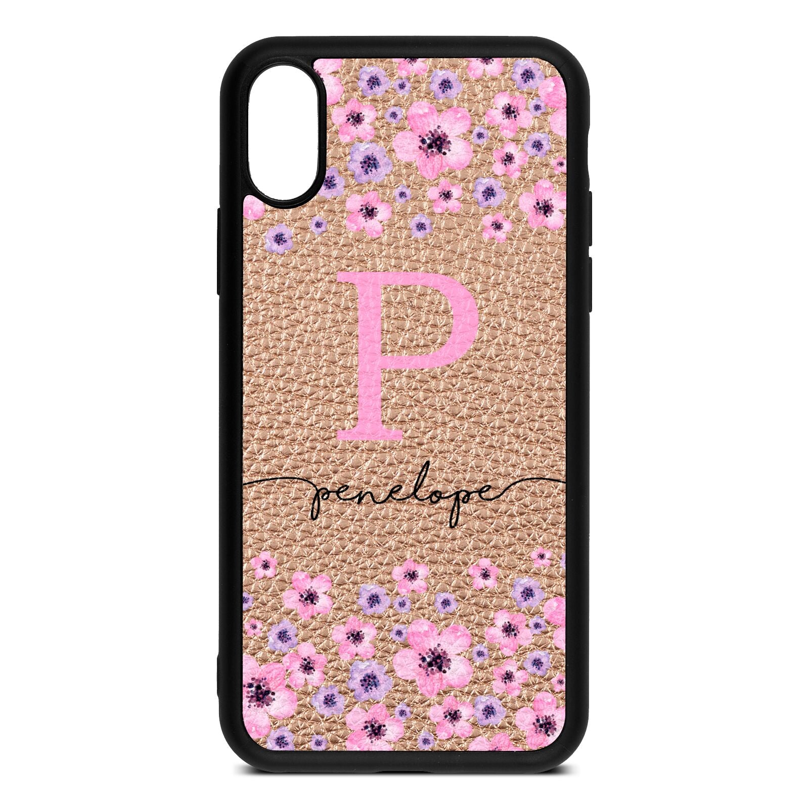 Personalised Pink Floral Rose Gold Pebble Leather iPhone Xs Case